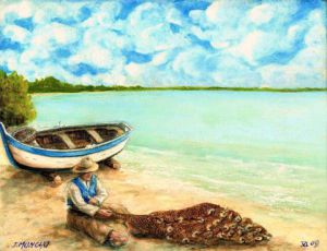 Peinture de Jacques MONCHO: Pêcheur réparant ses filets