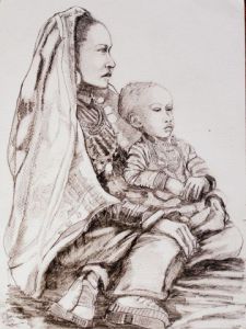 Dessin de Momaur: Femme népalaise et son enfant