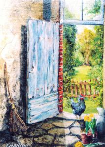 Peinture de Jacques MONCHO: La poule curieuse