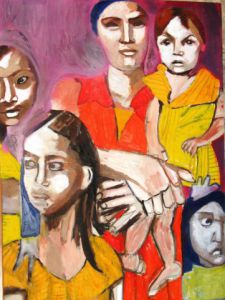 Peinture de Anna Demadre-Synoradzka: Mère et ses quatre filles