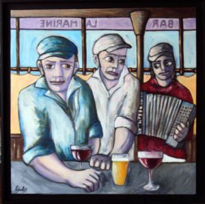 Peinture de Gerard Lesoeur: à Pierre Mac Orlan ou les clients du chien jaune