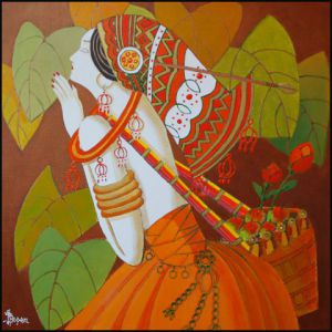 Peinture de bogen patrice: femme ethnique aux pommes