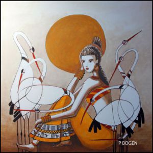 Peinture de bogen patrice: femme ethnique aux oiseaux1