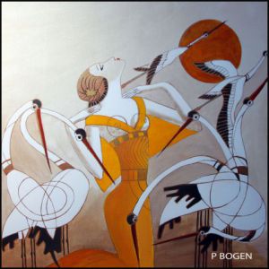 Peinture de bogen patrice: femme ethnique aux oiseaux2