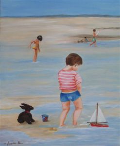 Peinture de francoise ader: enfants jouant sur la plage