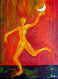 Peinture de chara: Le Lunaire - Huile sur toile et incrustation lune - 40x30 - Méditation
