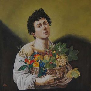Peinture de les bricoles de cat: garçon avec panier de fruits