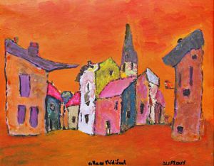 Peinture de Duplouy: Village médiéval a la tombée du jour