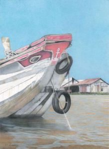 Dessin de Wilfrid Barbier: Bateau sur le Mékong