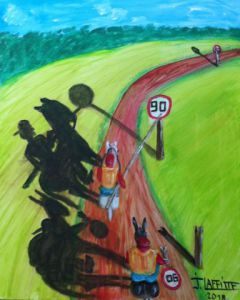 Peinture de LAFFITTE Jacky: Don Quichotte et la limitation de vitesse