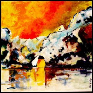 Peinture de KARPEG : Coucher de soleil sur le Pont d'Arc