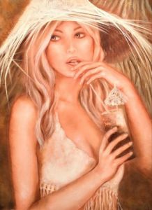 Peinture de MARTINE GREGOIRE: BELLE AU CHAPEAU BLANC