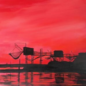 Peinture de Sylviane PETIT: Carrelet - Soleil couchant