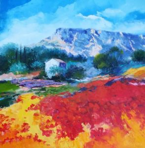 Peinture de Veronique LANCIEN: SAINTE  VICTOIRE ET LES COQUELICOTS NOUVELLE VERSION