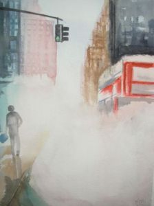 Peinture de Jacques Masclet : un bus à Londres