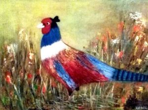 Peinture de roselyne halluin: faisan dans un champs