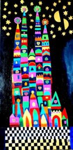 Peinture de Monique RENAULT: LA SAGRADA FAMILIA (BARCELONE) libre interprétation