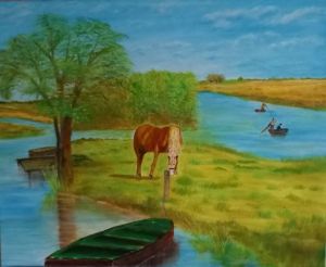 Peinture de LUCIE2: L'ARBRE, LE CHEVAL ET LES BATEAUX