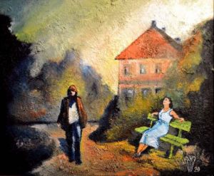 Peinture de Hano Pierre: Le banc vert