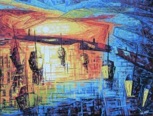 Peinture de Gerard SERVAIS: soleil couchant sur le port