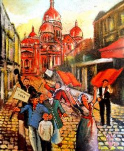 Peinture de Hano Pierre: Hommage aux Communards de 1871. La basilique est rouge de leur sang