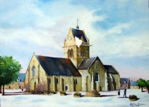 Peinture de JACQUES-SIMON BILLIAU: Ste MERE EGLISE.PARACHUTISTE AU CLOCHER
