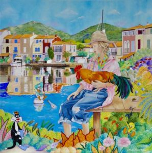 Peinture de martine alison: LA BANDE A CHARLIE LE COQ ET SYLVESTRE A PORT-GRIMAUD