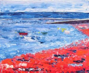 Peinture de valerie jouve: molene, barques au mouillage