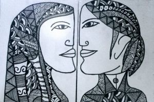 Dessin de ANTOINE MELLADO: La courbe de tes yeux ou Flora et Narcisse- 2 tableaux.