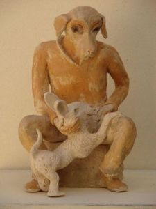 Sculpture de Guillaume Chaye: Le chien et le petit lapin