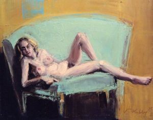 Peinture de Francis Kuhlen: jeune femme au canape vert