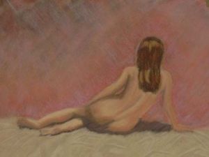Peinture de corlig: femme assise de dos