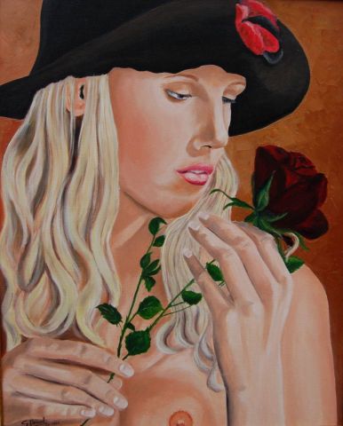 Un chapeau un sein une rose - Peinture - Gerard DUSUEL