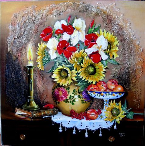 Tournesols, iris et abricots - Peinture - Sylviane PETIT