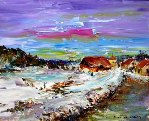 Hameau sous la neige - Peinture - JACQUELINE SCHELL