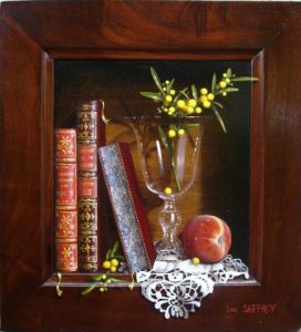 Peinture de Luc Saffroy: livres aux mimosas