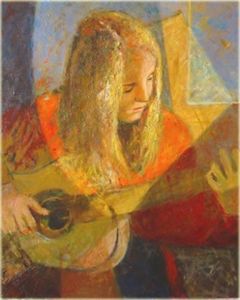 Peinture de bruno gaulin: Julie jouant de la guitare