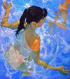 Peinture de Philippe Drumel: Baigneuse de dos en bleu