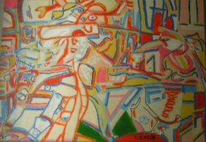 Peinture de Gerald ISZURIN: MYTHE A LA MOTO
