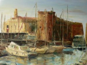 Peinture de Emilie VAN HERREWEGHE: L'entree du vieux port de Marseille vers le fort Saint Jean