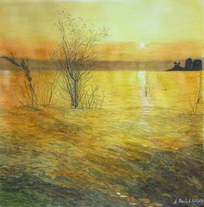 Peinture de FB DELAFAITE: Coucher de soleil sur un lac