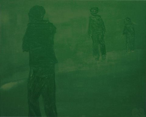 L'artiste Robert Soret - 3 personnes marchent vert