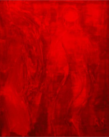 L'artiste Robert Soret - 2 personnes dos debout rouge
