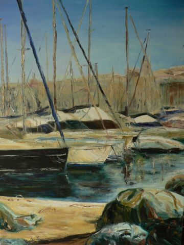 Filets et bateaux sur le vieux port de Marseille - Peinture - Emilie VAN HERREWEGHE
