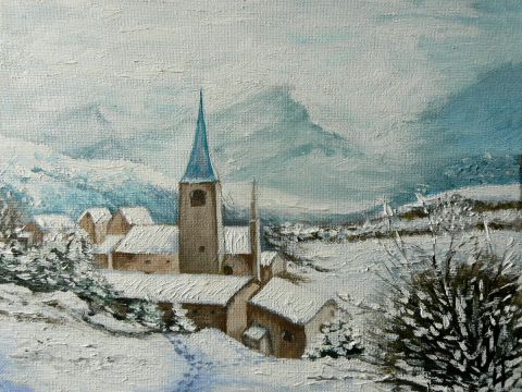Village sous la neige - Peinture - Lyzy