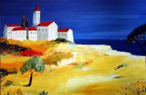 Peinture de Georges Mournet: village au bord de mer