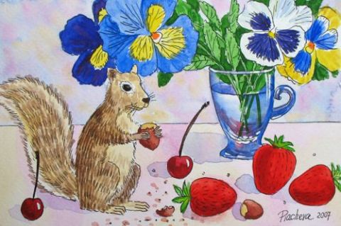 Squirrel and Strawberry - Peinture - Piacheva Natalia