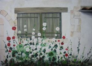 Peinture de Bernard BRUGERON: ile de re - roses tremieres