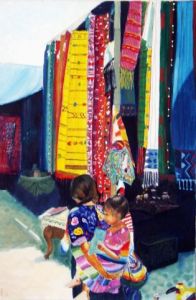 Peinture de Veronique Rond Frenot: Mere et fille a Chichi Guatemala