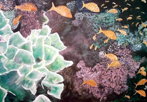 Peinture : aigues et banc de poissons barbiers - JMB Peinture : aigues et banc de poissons barbiers - JMB